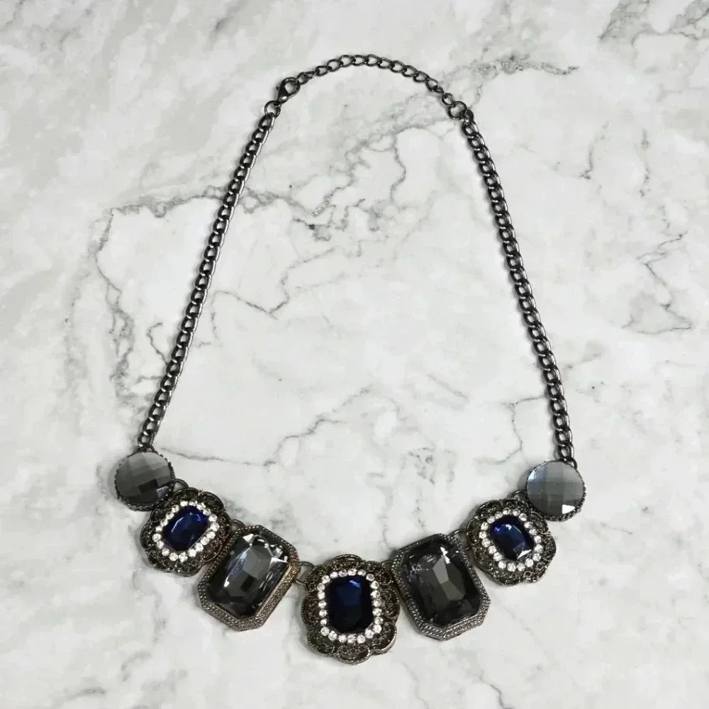 Blue Gray Rhinestone Gem Chain Link Boho Statement Fashion Jewelry Necklace